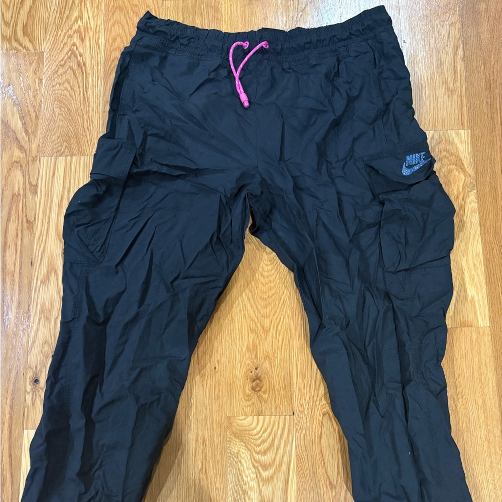 Nike Women’s Black Joggers with Pink Drawstring Large